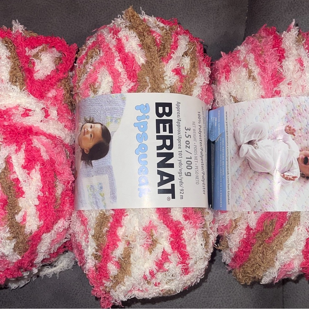 Bernat Pipsquick Pink, white and Brown Yarn.